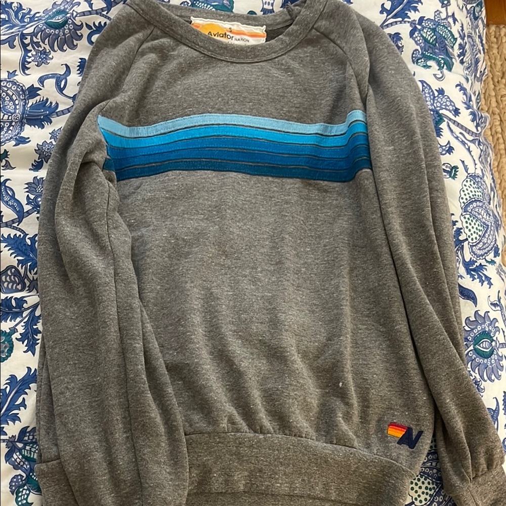 Aviator Nation Gray Sweatshirt with Blue Stripes